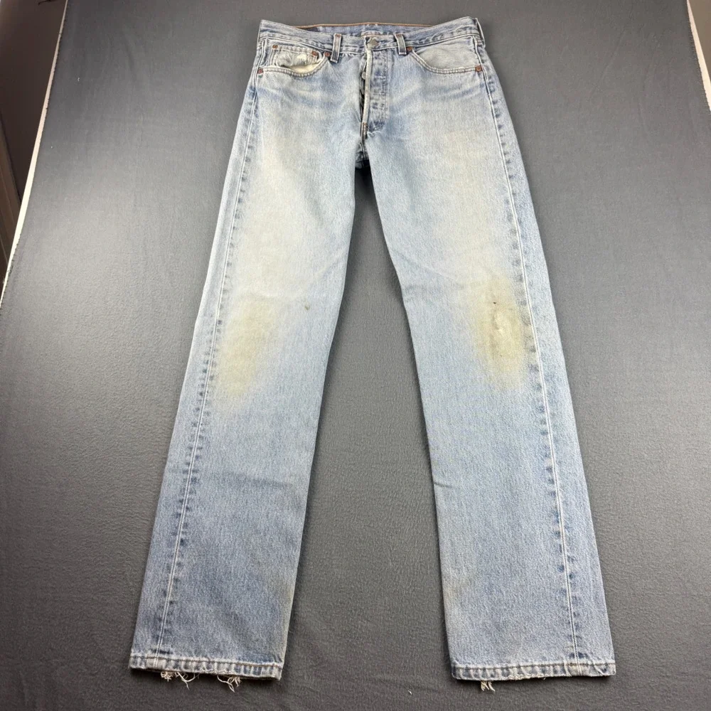 Vintage USA Levis Mens 33x34 Blue Button Fly Whiskered Faded Straight Light Wash